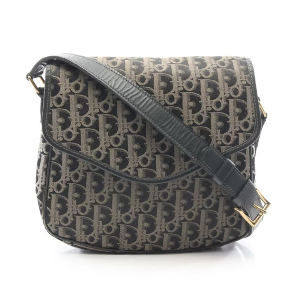 Christian Dior Trotter Shoulder Bag Canvas Leather Black Beige Cream